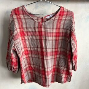 CP Shades x Free People Billie Puff Sleeve Red/Tan Plaid Top
